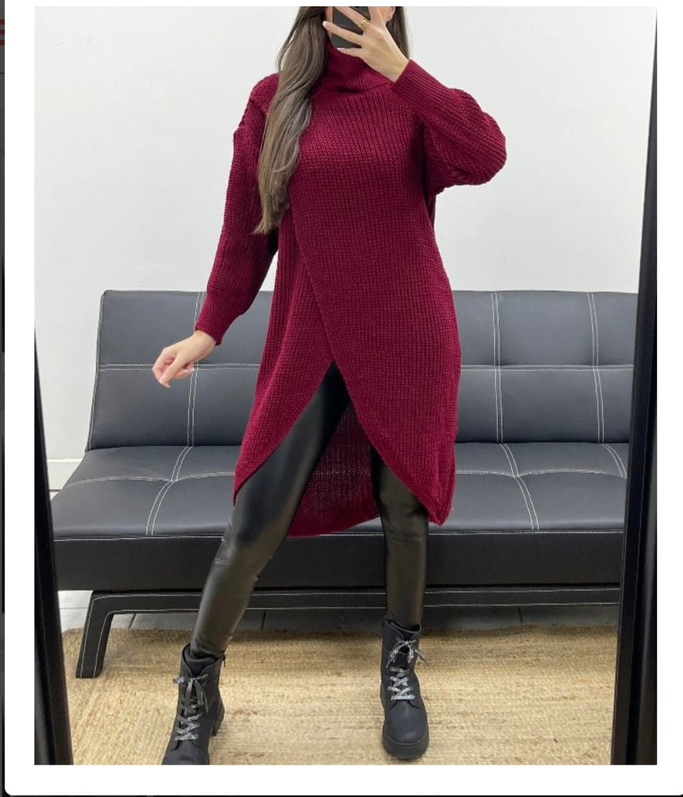 Pull long drapé bordeaux